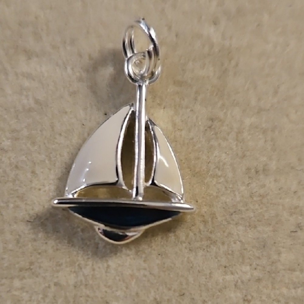 Sailboat Pendant Charm in Silver and Blue Stamped 925 1/2" Long